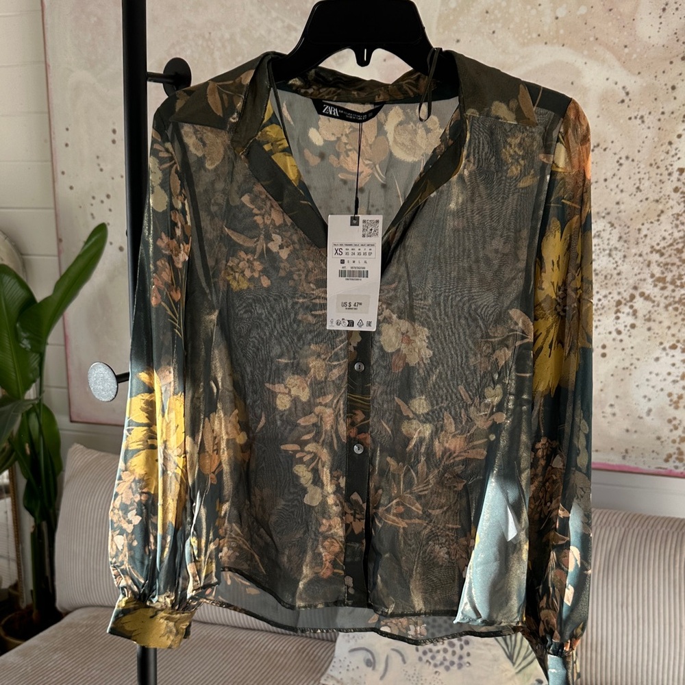 Zara Multicolor Floral Blouse - Green and Gold